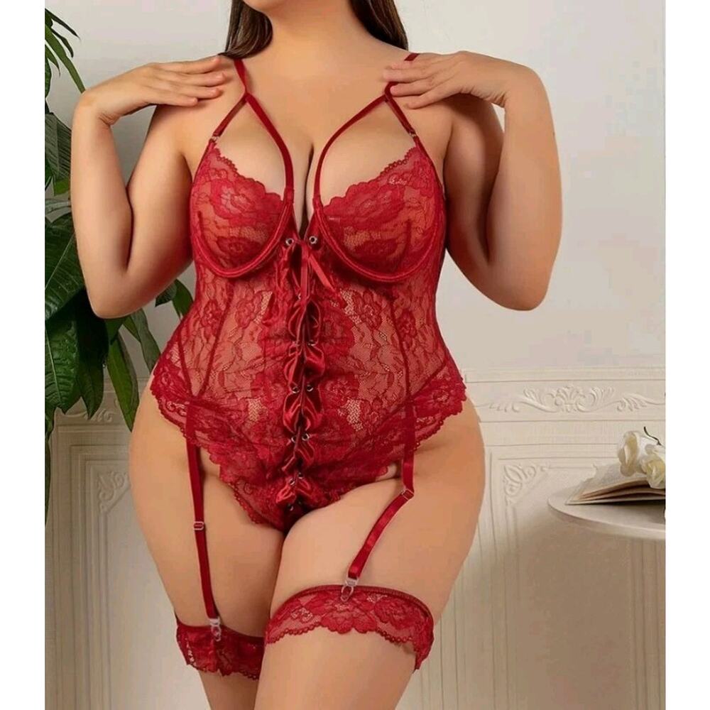 Red Lace Lingerie Teddy Sexy Bustier Bodysuit w/Garter Women 4XL Lace-Up Front